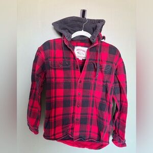 American Eagle men’s XS, red & black plaid button-down with detachable hood